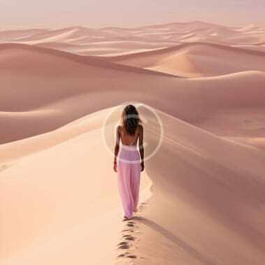 Woman in pink outfit walking across desert sand dunes