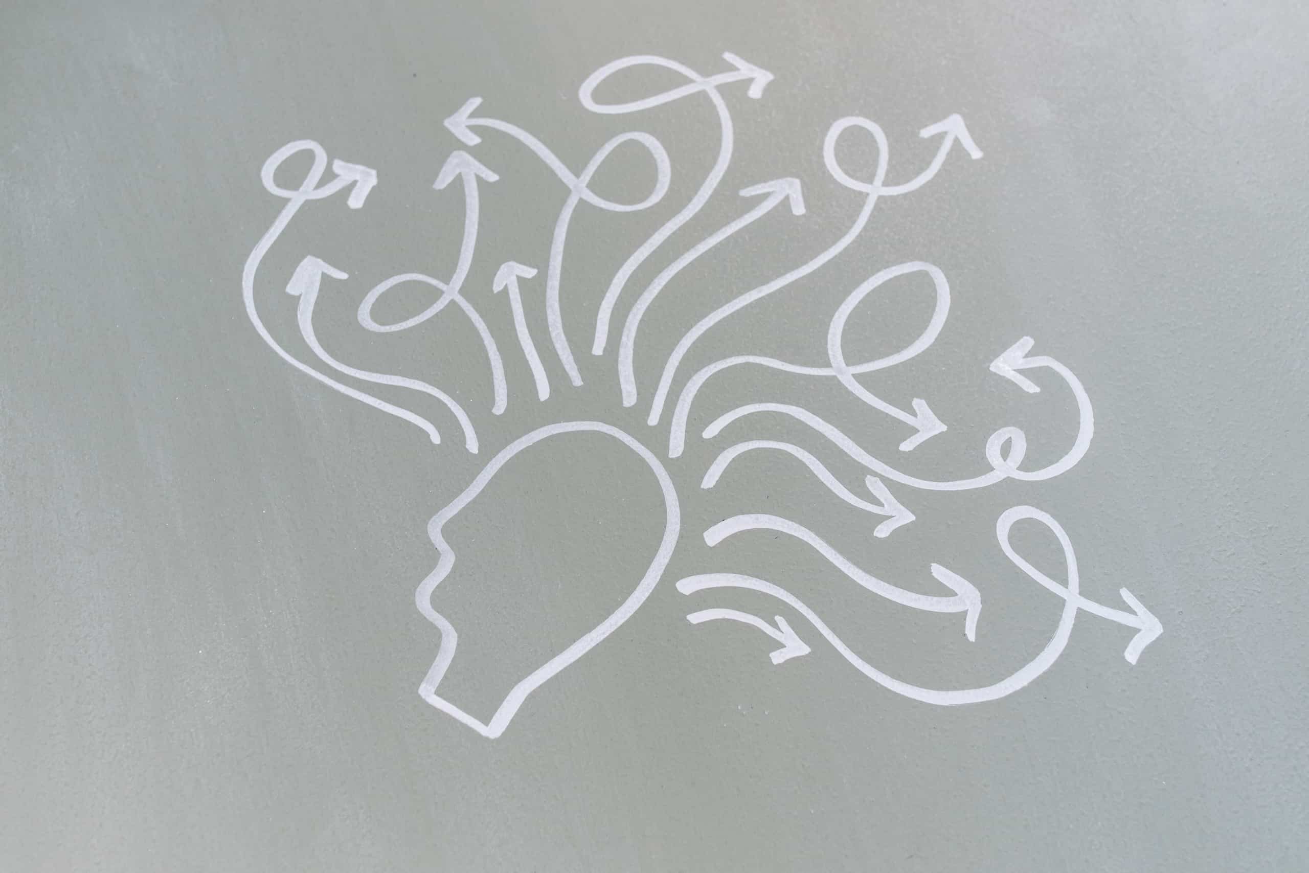 Hand-drawn icon of a head with arrows representing ideas branching out